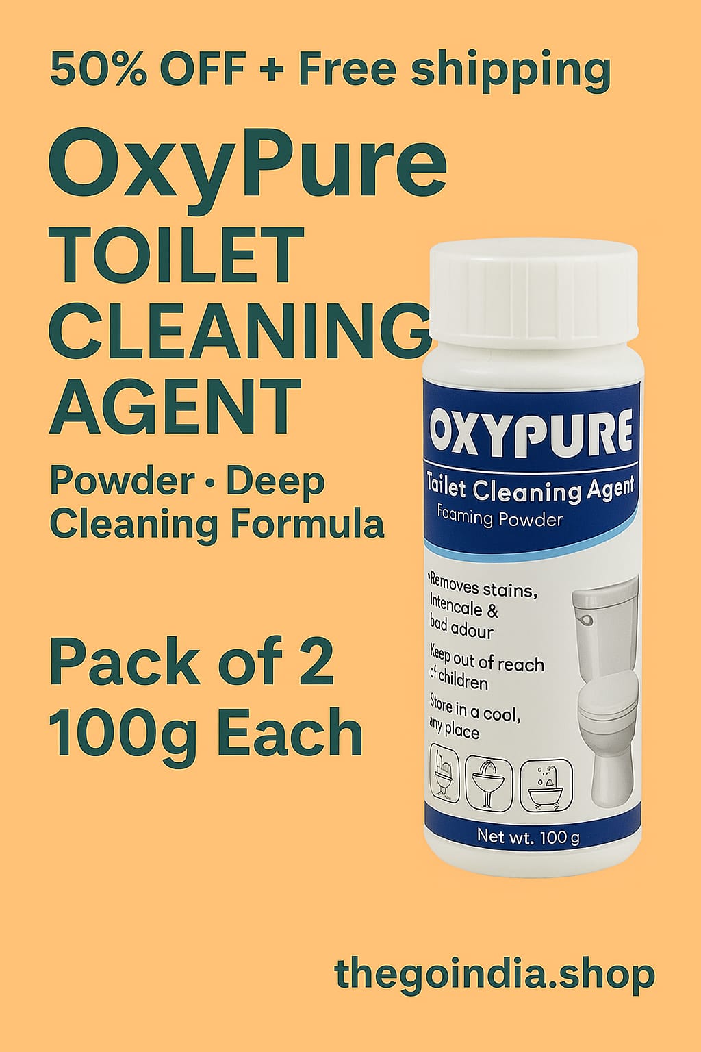 Agent Powder 🧼 OxyPure® Toilet Cleaning – Deep Cleaning Formula (Pack of 2, 100g Each) | Removes Stains, Odor & Limescale