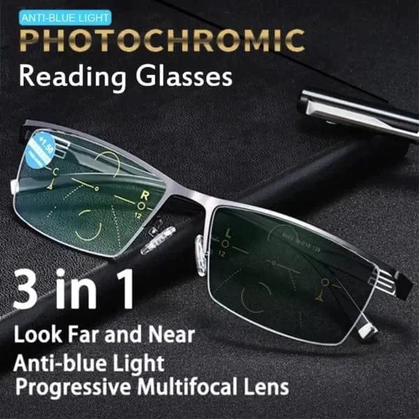 "3-in-1 Photochromic Reading Glasses – Far & Near Vision + Blue Light Protection"